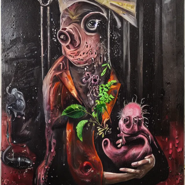 Image similar to a portrait in a dark laneway, a woman holding a piglet, streetlamps, wet, puddles, wild berries, rats, ikebana, octopus, neo - expressionism, surrealism, acrylic and spray paint and oilstick on canvas