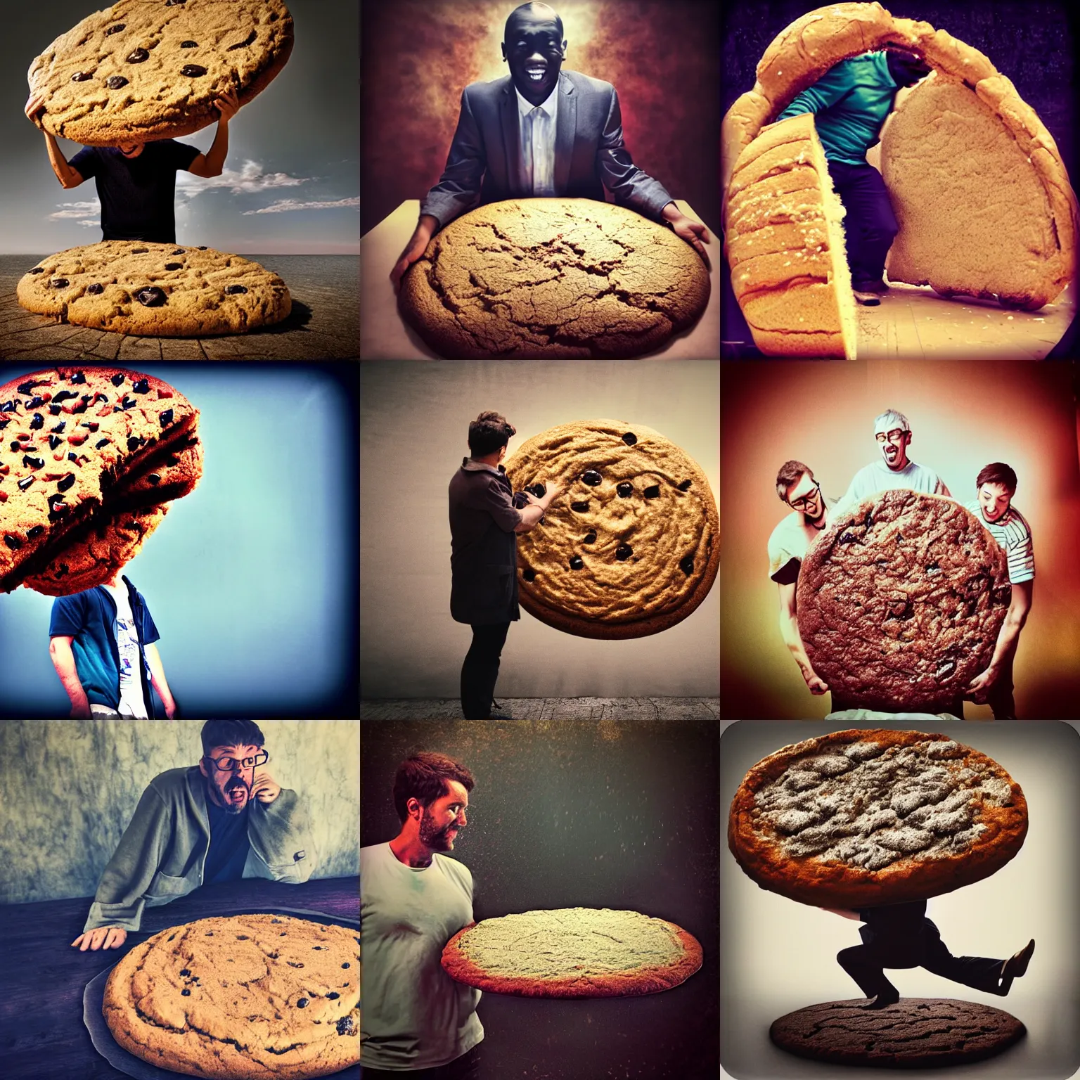 Prompt: man being crushed under giant cookie, iphone hdr photo, funny