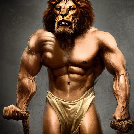 Image similar to a muscular man who has a lion's head in place of a humanoid head,