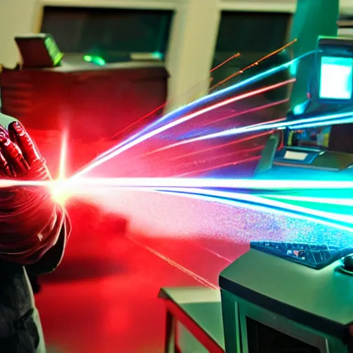 Image similar to Accidents, lasers, Iron Man working as a 7/11 cashier using a red laser scanner, cash register, red laser scanner, wide wide shot, very detailed, beautiful lighting, red laser, fire, smoke