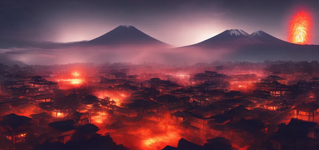 Image similar to view of an ancient japanese city at night, erupting volcanoes in the background, dramatic clouds, glowing fog, dramatic lighting, ultra detailed, sharp, ambient occlusion, raytracing, by greg rutowski, paul chadeisson and jessica rossier