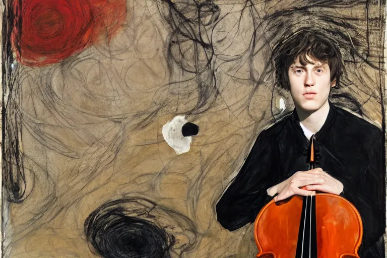 Image similar to portrait of a young cellist focusing with a background of hundreds of cellos by vincent lefevre and hernan bas and pat steir and hilma af klint, psychological, symmetrical face, dripping paint, rendered in octane, altermodern, masterpiece