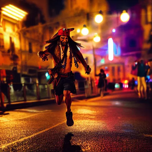 Image similar to jack sparrow running a marathon at night on a neon lit street, cinematic, detailed