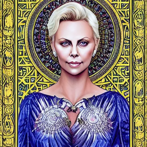 Prompt: tarot card, oil painting, ultra realistic, intricate details, charlize theron long blond hair white dress elegant seductive regal