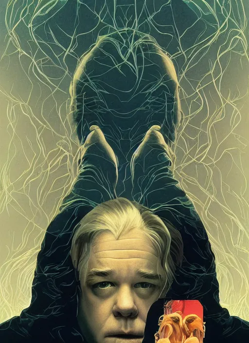 Image similar to poster artwork by Michael Whelan and Tomer Hanuka, Karol Bak of Philip Seymour Hoffman, from scene from Twin Peaks, clean