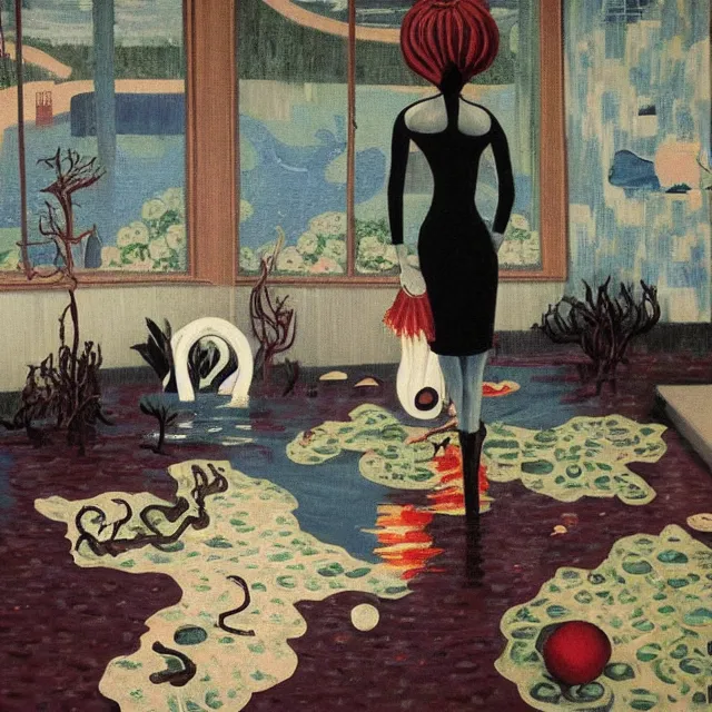 Image similar to tall female emo artists in their flooded apartment, painting of flood waters inside an artist's home, a river flooding indoors, pomegranates, pigs, ikebana, water, octopus, river, rapids, waterfall, black swans, canoe, berries, acrylic on canvas, surrealist, by magritte and monet