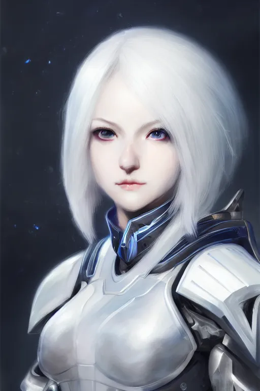 Image similar to perfect white haired girl, warframe armor, beautiful, dreamy, portrait, highly detailed, digital painting, trending on artstation, concept art, sharp focus, illustration, pretty face, blue eyes, sci - fi platform, front lit, laboratory, experiment, masterpiece, art by masayoshi tanaka, akihiko yoshida, kazuya takahashi