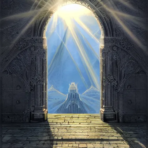 Image similar to Minas Tirith gate, sun beams, intricate, elegant, highly detailed, centered, digital painting, artstation, concept art, smooth, sharp focus, illustration, Allan Lee, John How