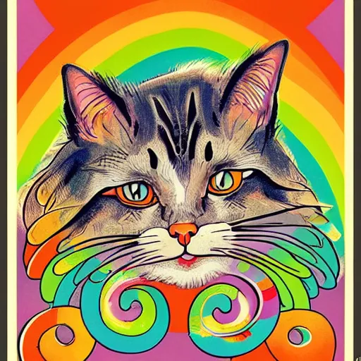 Prompt: 6 0 s hippie poster illustration of a cat made of flowing rainbows by pascal blanche and bonnie mclean and wes wilson, 8 k, artstation