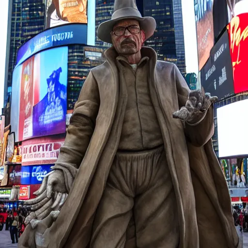 Image similar to long shot of a very detailed renaissance sculpture of walter white in a hat by michelangelo, standing in times square, 3 d render, hyper detailed, sharp focus, 8 k resolution