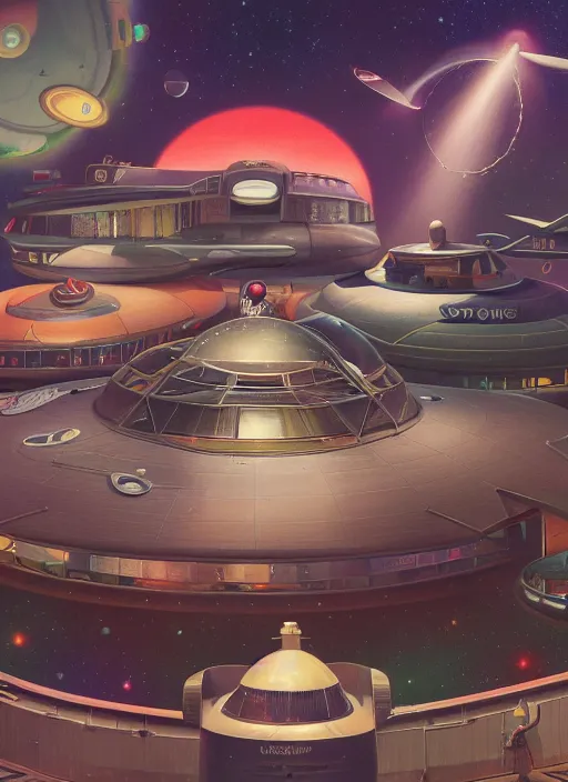 Image similar to highly detailed wide - angle portrait of a retro 1 9 6 0 s spaceport, nicoletta ceccoli, mark ryden, lostfish, earl nore, hyung tae, frank frazetta, global illumination, god rays, detailed and intricate environment