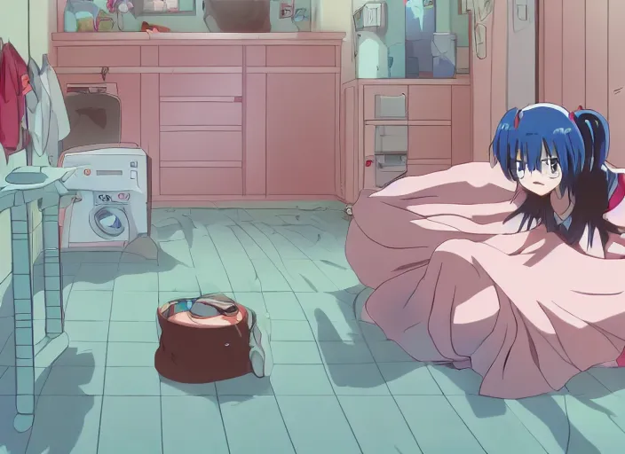 Image similar to anime screenshot pattern, an untidy room with laundry on the floor. original cute girl doing cute things / iyashike / slice life gainax 4 k ultrahd award winning