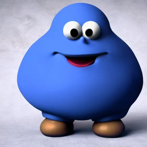Prompt: blue blob character drooling while looking at the camera, wearing a golden crown, clay animation
