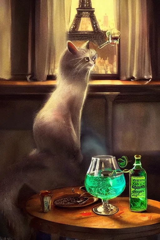 Image similar to a cute cat drinkng absinthe in Paris, vivid colors, high details, cinematic, 8k resolution, beautiful detailed, photorealistic, digital painting, artstation, concept art, smooth, sharp focus, illustration, fantasy background, artstation trending, octane render, unreal engine