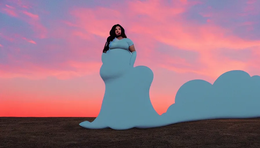 Image similar to a beautiful curvy woman who looks like a cloud, photo - realistic, detailed, orange / pink sky, dreamy, surrealistic