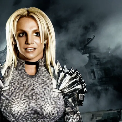 Prompt: professional head shot of britney spears wearing futuristic armor in a foggy and burning ruined white house room full of debris, 8 k, very intricate, very detailed,