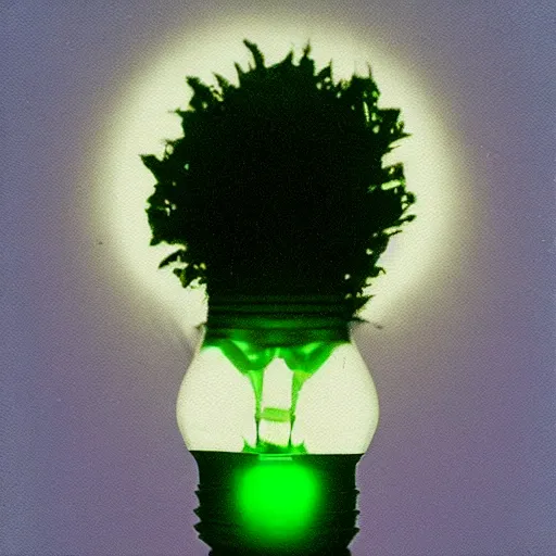 Image similar to a glowing lightbulb, a green plant inside, polaroid photo, surreal,