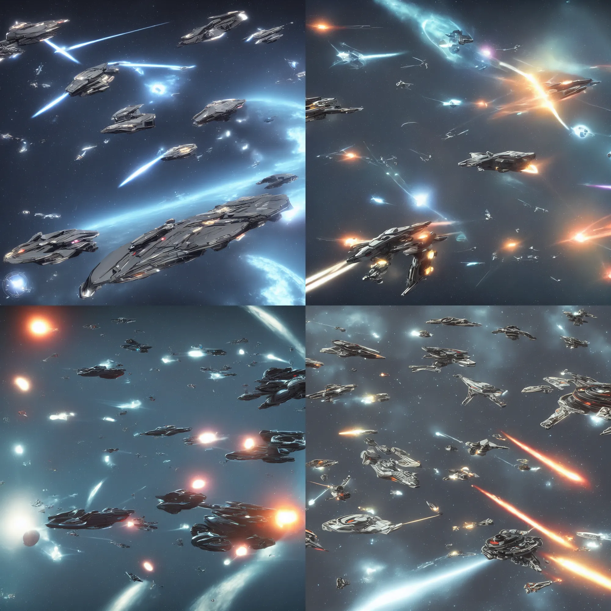 Prompt: sleek looking starships flying through space shooting at each other, beautiful space, very high quality, battletech style, star trek, sharp, crisp, no bloom