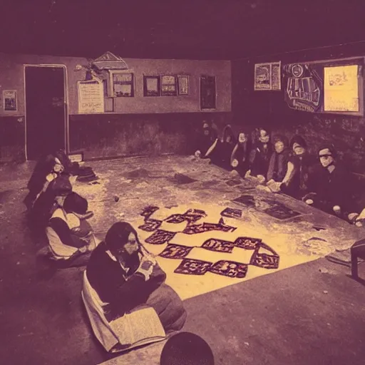 Prompt: occult meeting in an abandoned pizza place