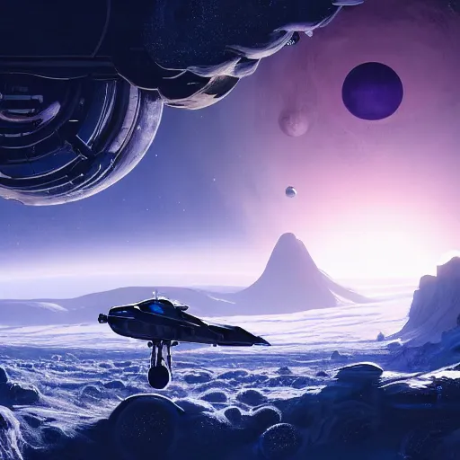 Prompt: beautiful matte painting of an exploration exocraft vehicle on a frozen alien world, ringled planet seen above in the clouds, ravine in front, cinematic angle, cinematic lighting, blue sky, by Syd Mead, John Harris, Federico Pelat, Star Citizen, Battlestar Galactica