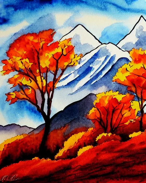 Prompt: autumn mountain watercolor by arti chauhan light color