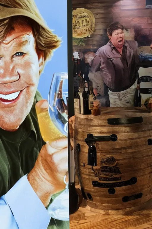 Image similar to 📷 wine cask with steve irwin's face 🍷, made of drink, still image, dynamic lighting, 4 k