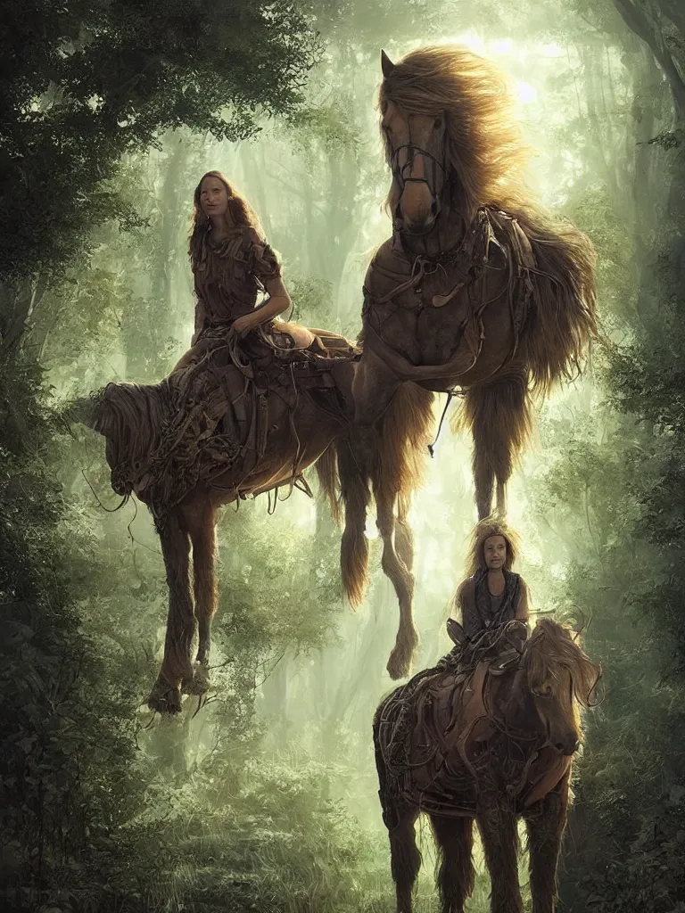 Prompt: a solarpunk portrait of a gorgeous Clydesdale horse with its human owner in the movie Annihilation, with mutated trees and fractal sunlight, award-winning, masterpiece, in the style of Tom Bagshaw, Cedric Peyravernay, Peter Mohrbacher