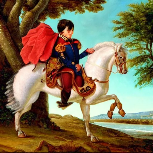 Image similar to a giant squirrel carrying napoleon!!! on its back, napoleon riding, beach scene with flowers and foliage, detailed oil painting