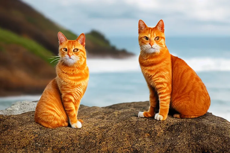 Image similar to orange tabby cat sitting on a rock facing towards ocean, image taken from afar, realistic lighting, highly detailed, rule of thirds, by charles angrand