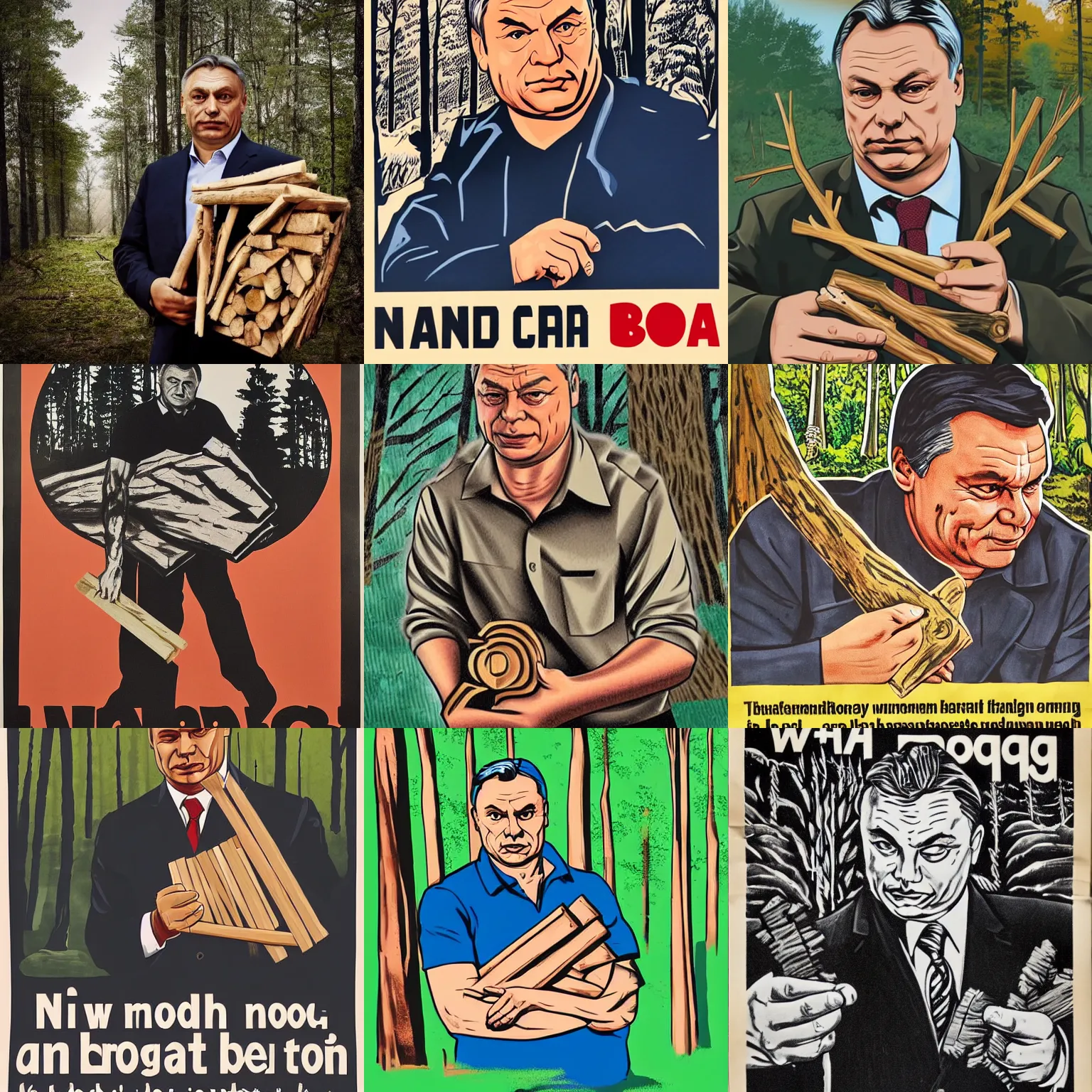 Prompt: propaganda poster of comforting viktor orban, holding a wood piece, forest in background