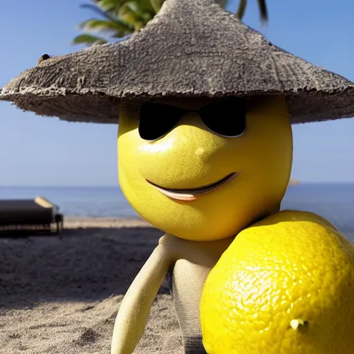 Prompt: a lemon cartoon character, that is muscular, is relaxing on a beach, inspired by dalle - 2