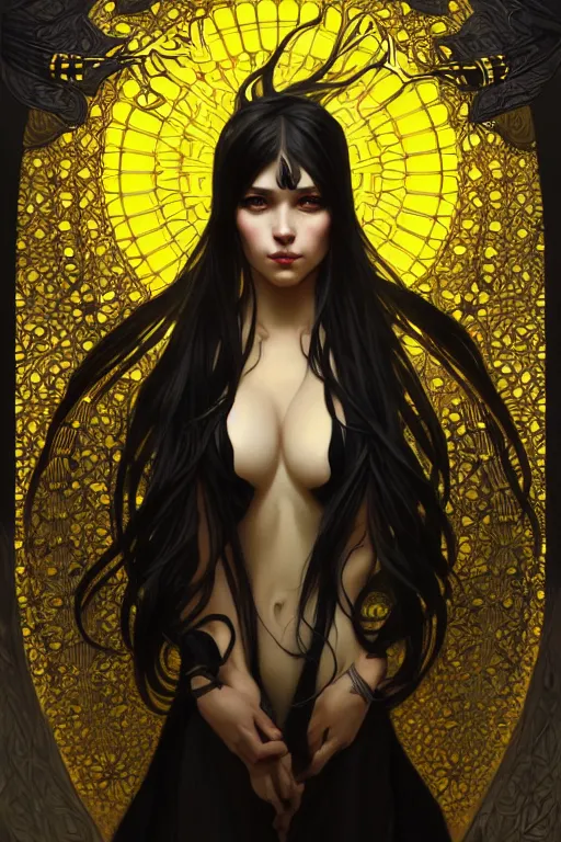 Image similar to beautiful black yellow, dark fantasy, intricate, elegant, highly detailed, digital painting, artstation, concept art, matte, sharp focus, illustration, art by artgerm and alphonse mucha