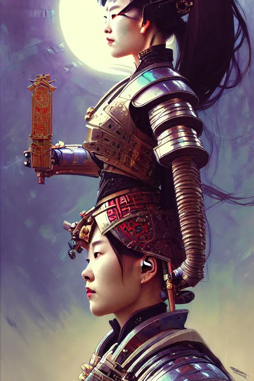 Prompt: portrait of a beautiful cyberpunk samurai woman wearing a warrior armor, beautiful symmetrical face, fantasy, regal, by stanley artgerm lau, greg rutkowski, thomas kindkade, alphonse mucha, loish, norman rockwell.