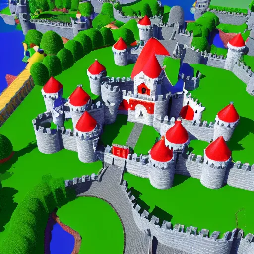 Prompt: 3D Mario 64 castle aerial view, 4k, spring