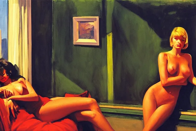 Image similar to hollywood babylon, on the qt, scandal sheet, painting by edward hopper and eric fischl and robert mcginnis