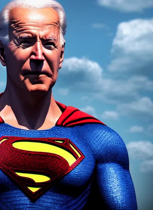 Image similar to Joe Biden cast as Superman, still from Man of Steel movie, hyperrealistic, 8k, Octane Render,