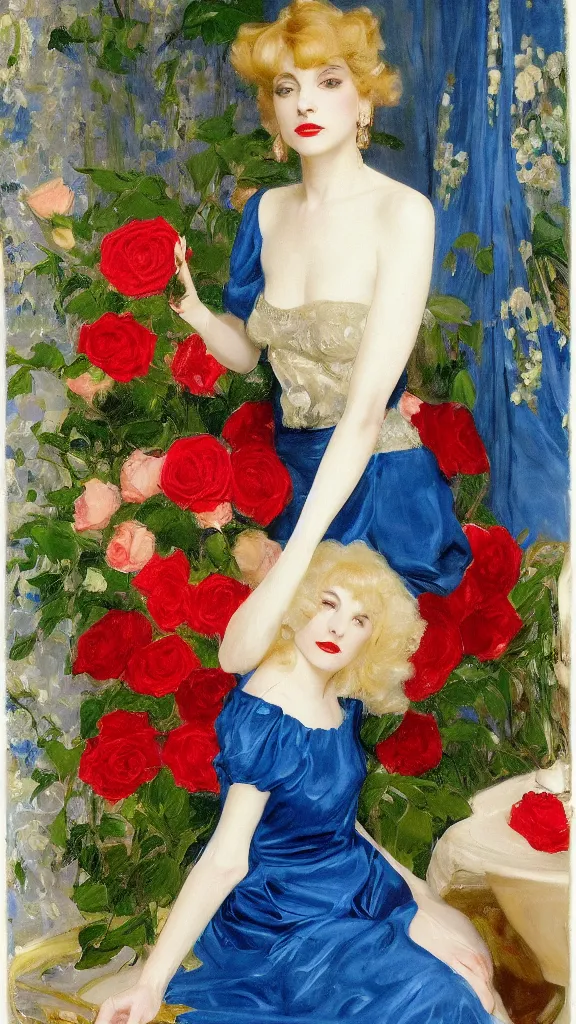 Image similar to portrait of young julee cruise in detailed golden sleeve balloon dress beside a pot of red roses, a persian blue detailed curtain in back painted by john singer sargent