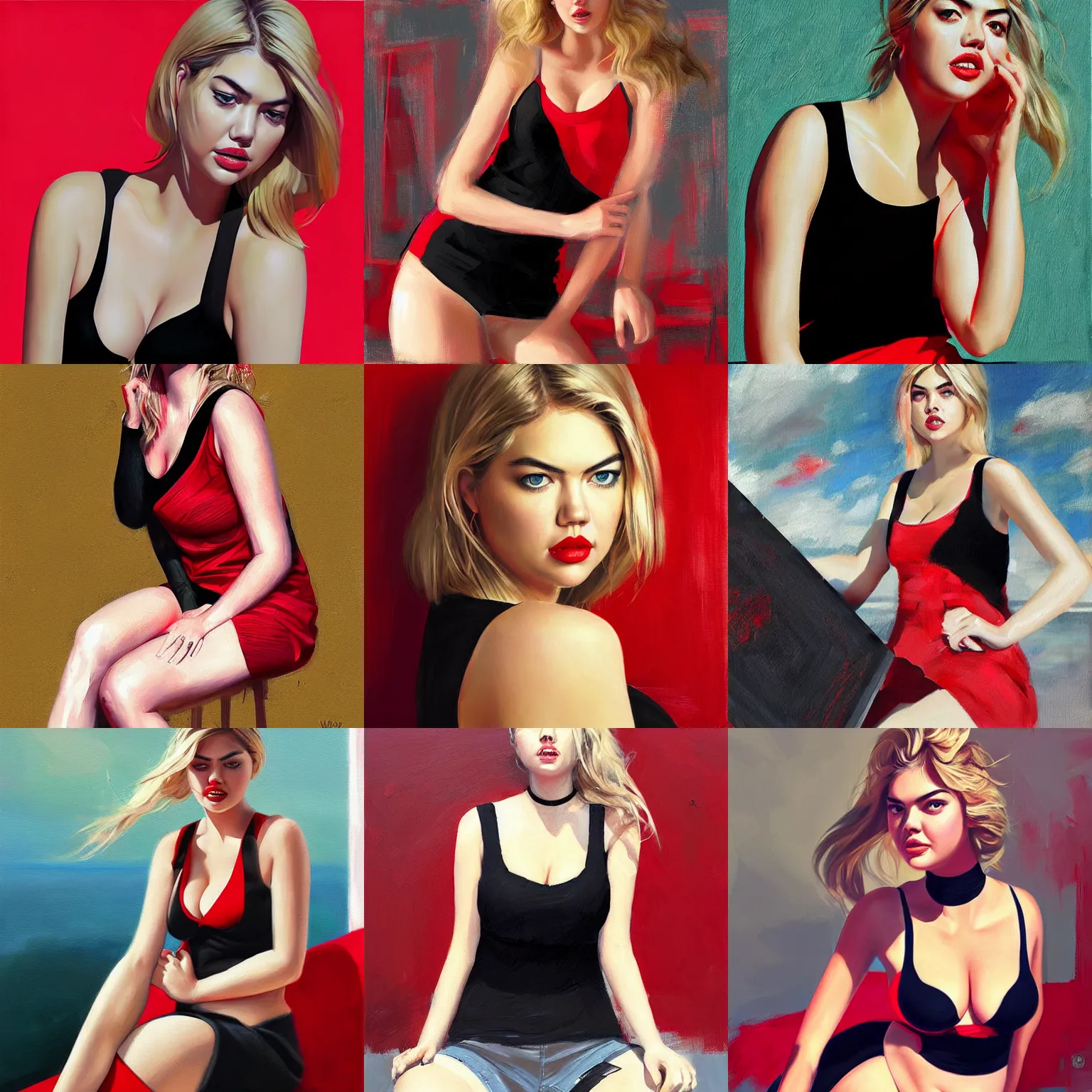 Prompt: kate upton, wearing tanktop, painting, red and black color palette, by wlop