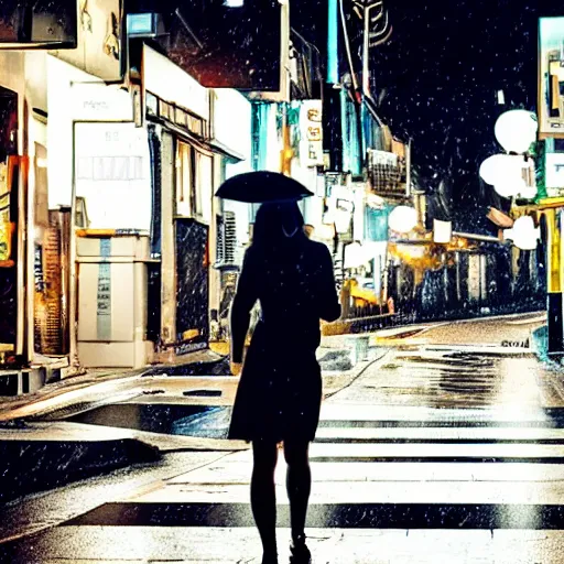 Image similar to Vtuber Kson Vshojo walking down the street at night, raining, street lights shining