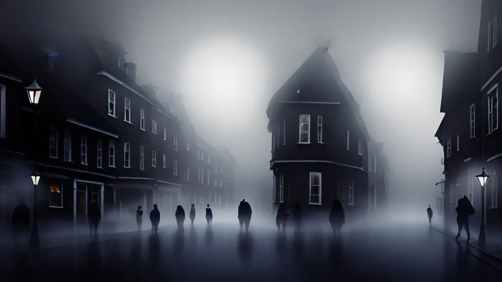 Image similar to a black sphere with glowing edges over old town with houses in the windows of which the light is on and a crowd of people on street. early morning, fog on ground, wet street. mike barr painting. volumetric light, dull colors, dark, noir arthouse, 3 5 mm, hight detalied, hd, 4 k