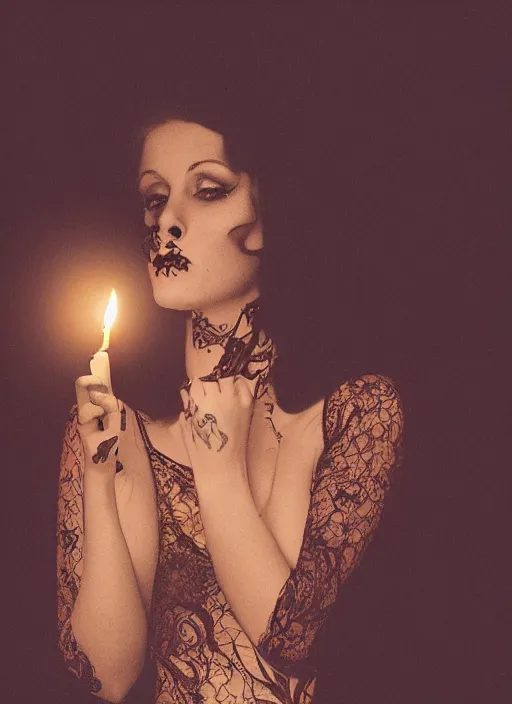 Prompt: a photo of a woman in a dark room wearing lace smoking a cigarette advertisement photography by mucha, punk rock, goth, beauty, candlelight, pagan, extremely coherent, sharp focus, elegant, sharp features, render, octane, detailed, award winning photography, masterpiece, rim lit