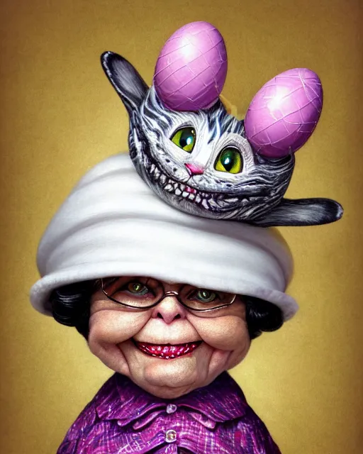 Prompt: highly detailed closeup, fat shiny ceramic white hair old happy woman with perfect teeth, easter hat, clothes, looking forward, full face view holding a cheshire cat, hyperrealistic, artstation, illustration, nicoletta ceccoli, mark ryden, lostfish, dan decarlo, bob clampett, max fleischer, matte paint, vivid colors