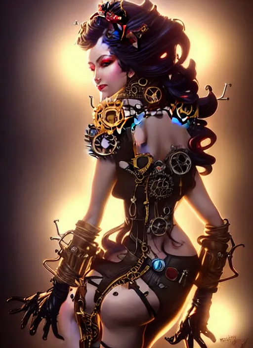 Prompt: front portrait hands behinds pose of attractive Lady Mechanika with wavy hair using white gloves, hands behind her pose!, Intricate steampunk imagery , D&D!, fantasy style, sharp focus!, ultra detailed, art by Artgerm and Peter Andrew Jones, WLUP