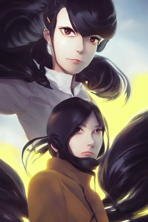 Prompt: black ponytail hair, pale woman in a black zipper jacket, yellow eyes, by artgerm, hair tied in a ponytail, white backdrop, soft lighting, fighting pose, by greg rutkowski makoto shinkai takashi takeuchi