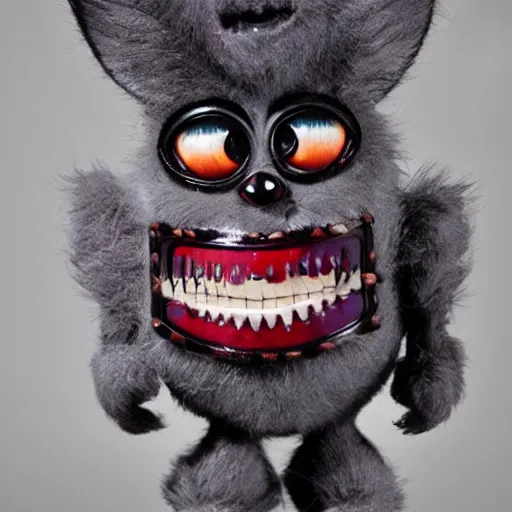 Prompt: uncanny vintage furby with too many teeth, horror, dark, frightening, unsettling, hyperrealistic, inspired by david lynch and junji ito