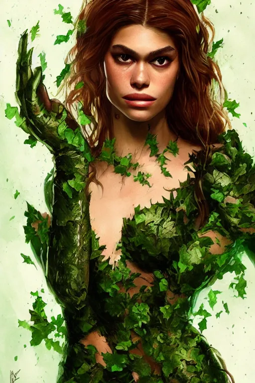 Image similar to Portrait of Kaia Gerber as a villain Poison Ivy kissing Robin, in Batman movie still cinematic, artstation, Greg rutkowski, UHD 8K