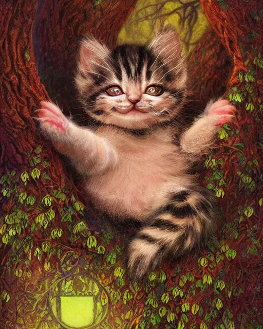 Image similar to an adorable cheshire kitten asleep in a tree | highly detailed | very intricate | symmetrical | whimsical and magical | soft cinematic lighting | award - winning | closeup portrait | wonderland | painted by donato giancola and paul lehr and ross tran | pastel color palette | featured on artstation