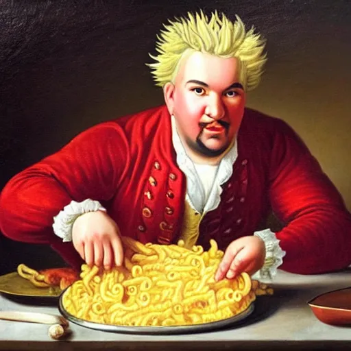 Image similar to an 1 8 th century portrait of guy fieri making a greasy macaroni and cheese sandwich, portrait, royal, oil on canvas