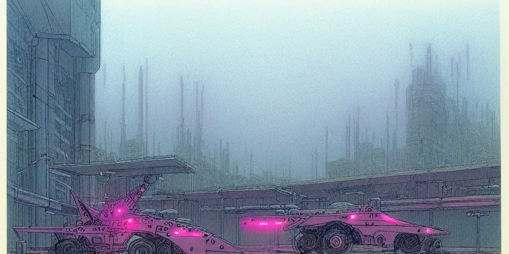 Image similar to grainy risograph matte painting of gigantic huge mech with huge swords, pastel matte colors, staying in the foggy huge parking station, by moebius, hyperrealism, intricate detailed