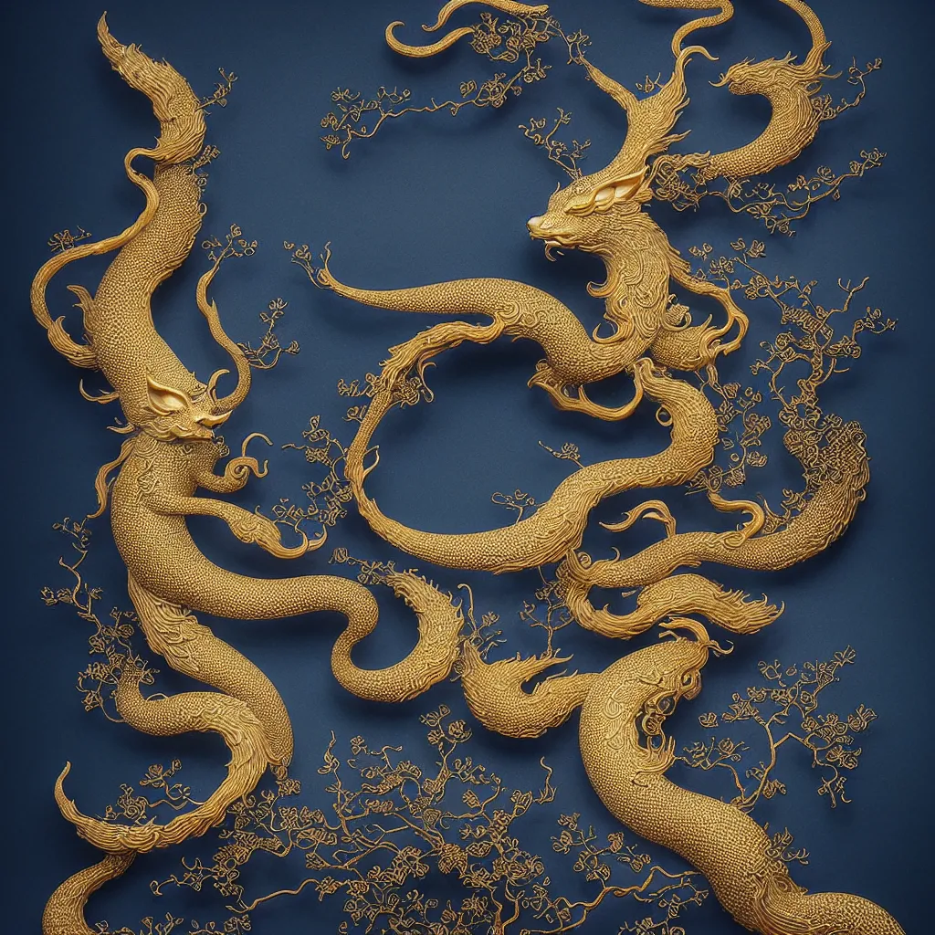 Image similar to a photo - real delicate iridescent ceramic porcelain sculpture of an ornate detailed kitsune by victo ngai and takato yamamoto, backlit lighting, subsurface scattering, translucent, thin porcelain, octane renderer, dark blue and gold and black, physically based rendering, trending on cgsociety